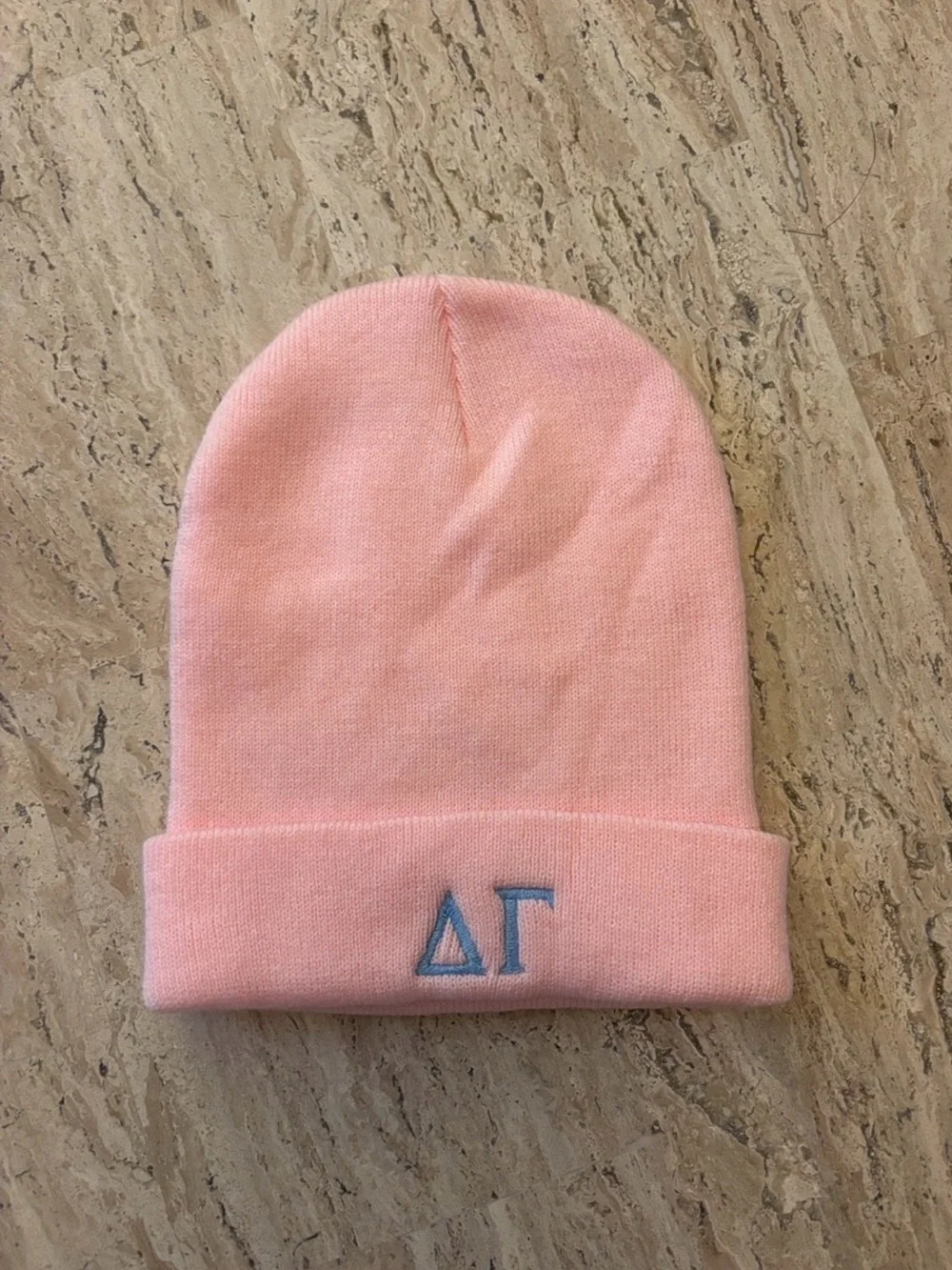 Pink Knit Beanie with Embroidered Delta Gamma Letters
